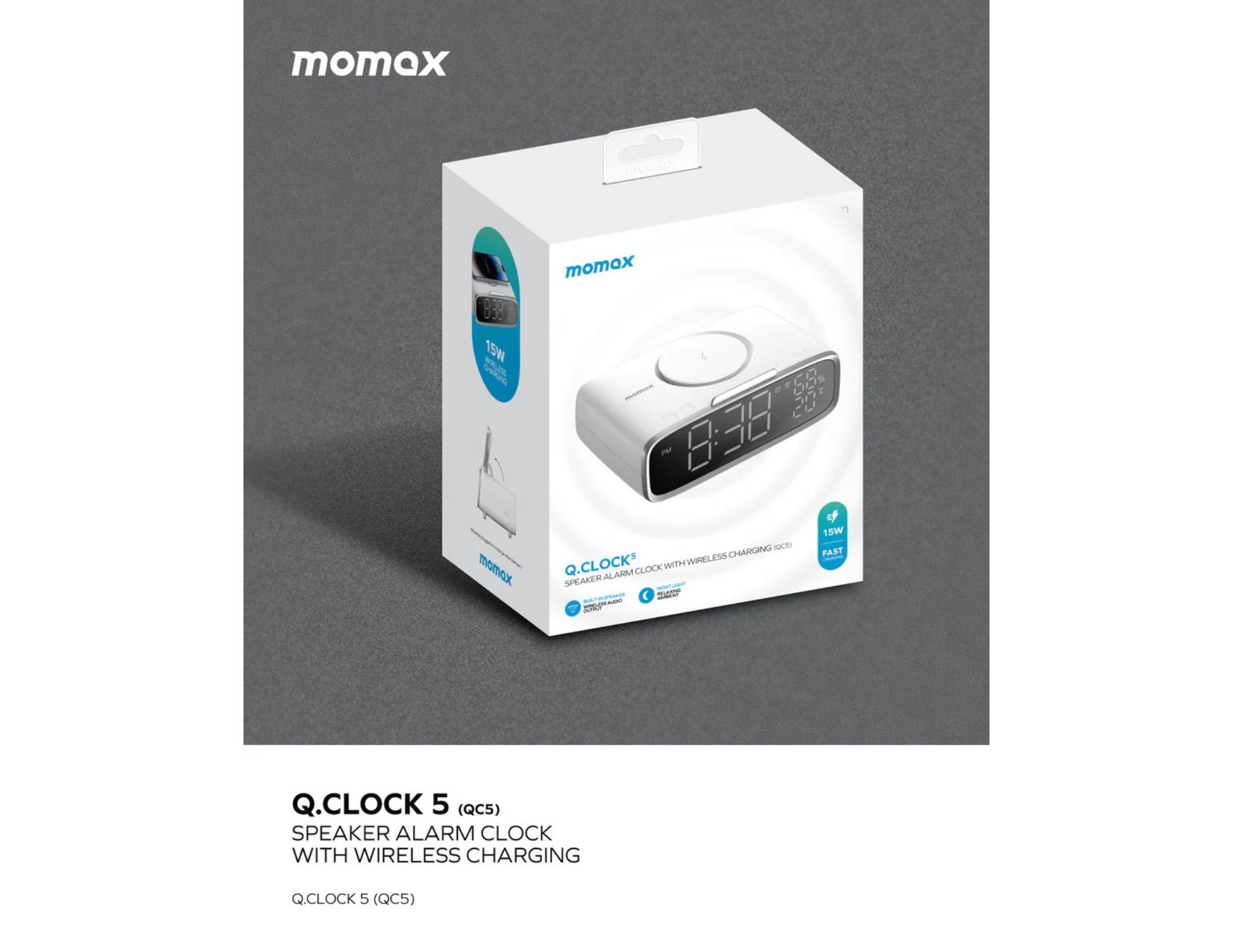 Momax Q.Clock 5 speaker alarm clock packaging on a gray background