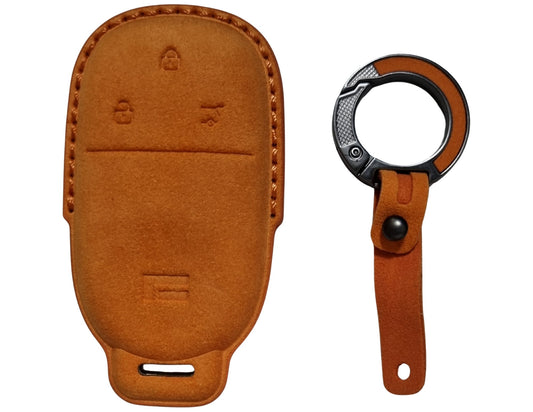 Brown Car Key Cover for Rox 01 – Alcantara or Leather and keychain with ring on a white background