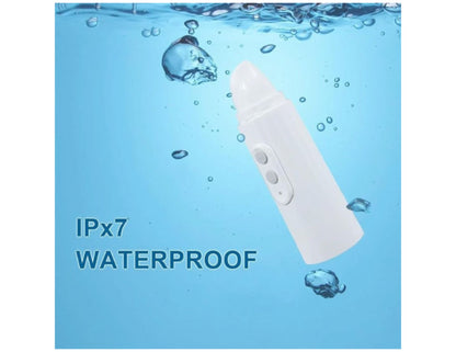 White electronic device with water droplets and bubbles on a blue background, indicating waterproof feature.