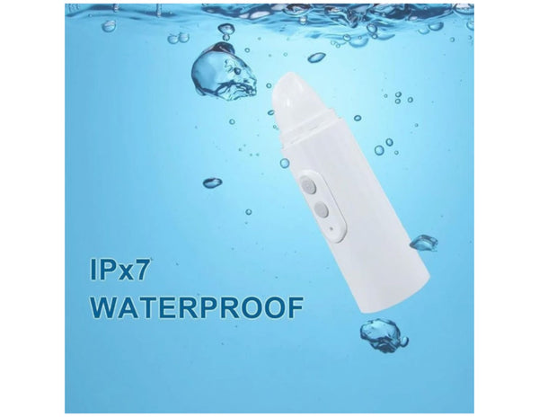 White electronic device with water droplets and bubbles on a blue background, indicating waterproof feature.