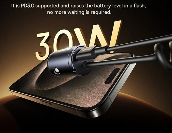 Phone charger cable with '30W' text on a dark background