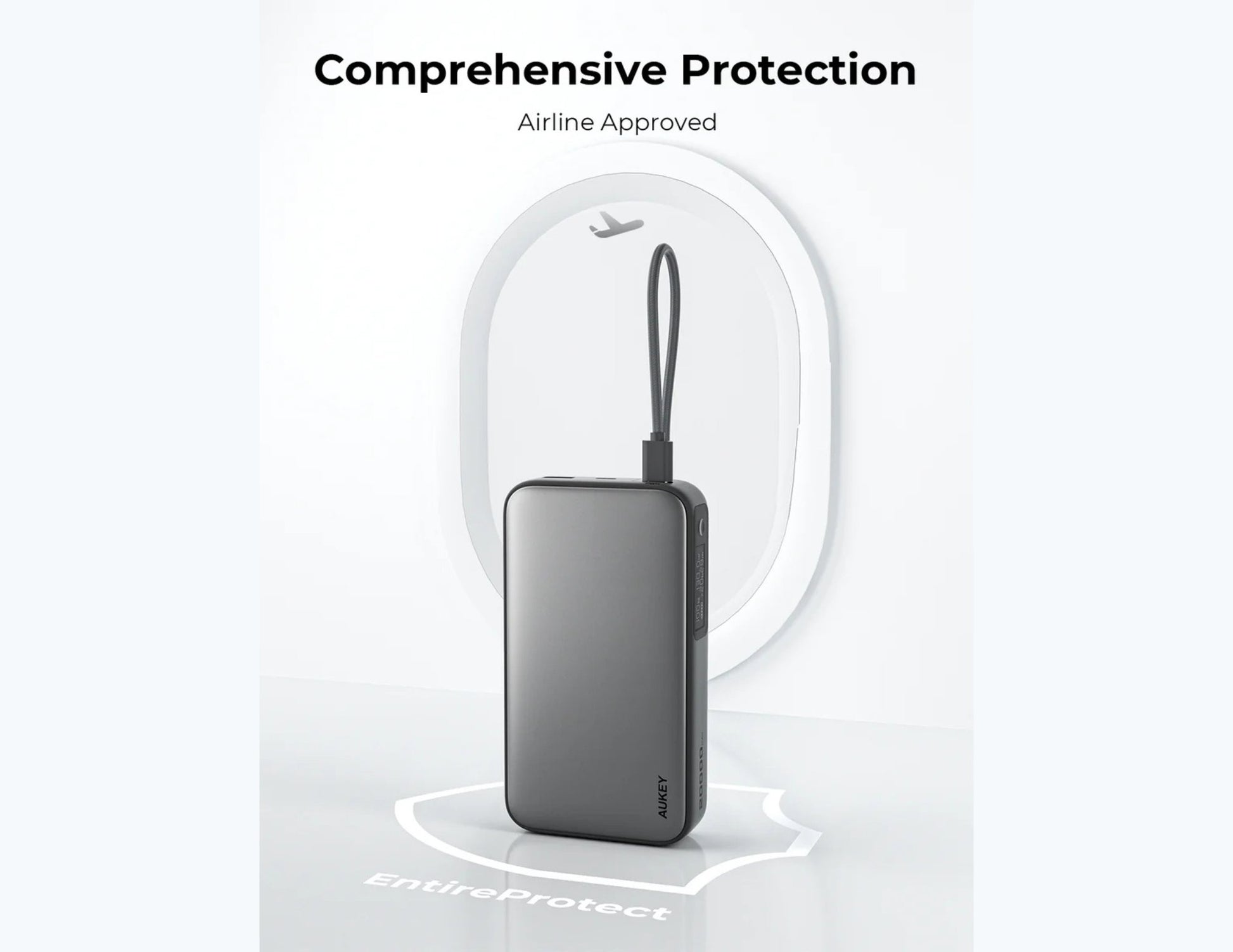 Aukey PB-Y43P Sprint X 130W PD 20000mAh Power Bank – Gray with 'Comprehensive Protection' and 'Airline Approved' text on a white background.