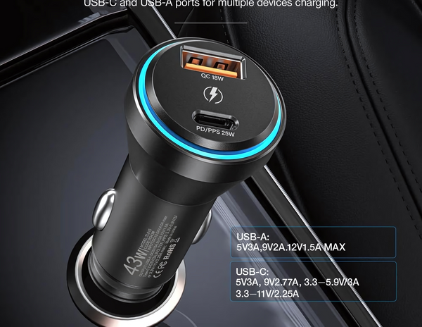 AMAZINGTHING FlexiPower Pro 43W Tri-port Car Fast Charger