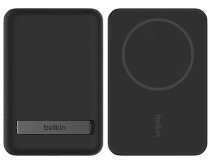 Belkin BoostCharge Magnetic Wireless Power Bank 5000mAh with Fold-out Stand – BPD004btBK – Black with Belkin branding on a white background