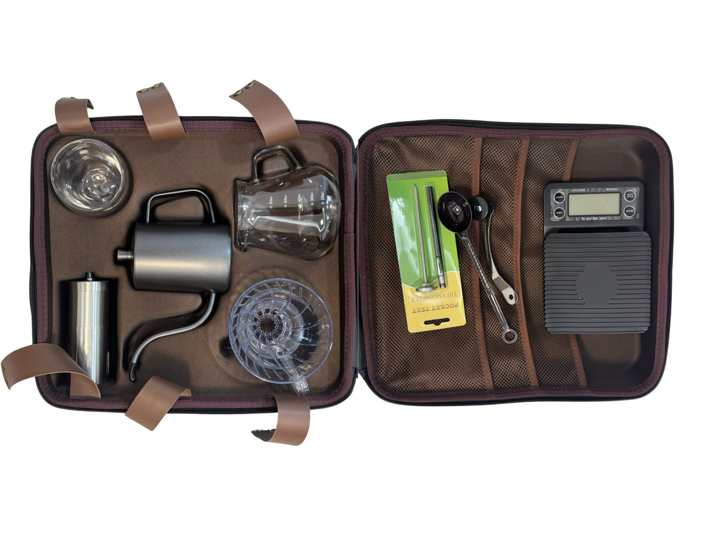 Open brown V60 Travel Coffee Set TS05 with camping gear including cups, a coffee maker, and a coffee scale.