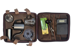 Open brown V60 Travel Coffee Set TS05 with camping gear including cups, a coffee maker, and a coffee scale.