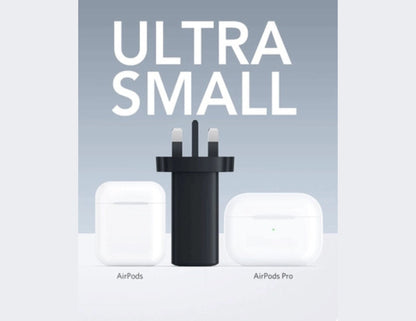 Black charging case with AirPods and AirPods Pro on a light gray background, labeled 'Ultra Small'.