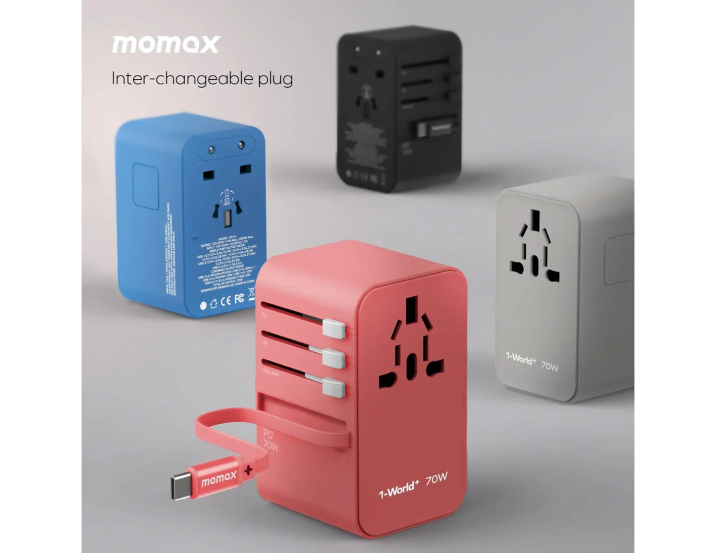 Momax interchangeable plug with a red adapter and USB cable on a gray background
