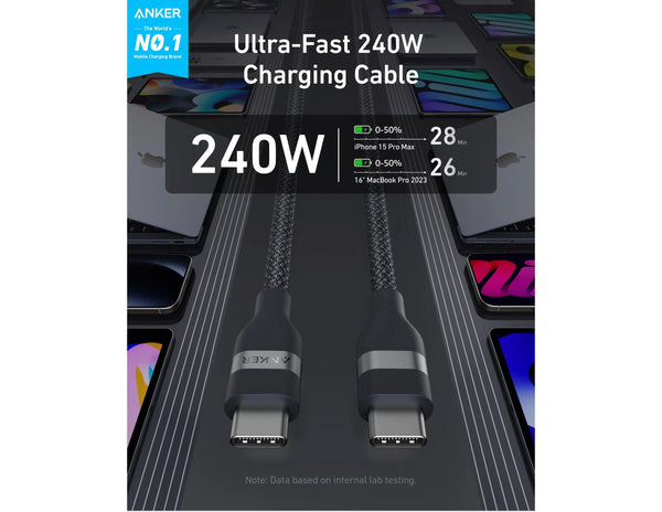 Anker Ultra-Fast 240W charging cable with smartphone background