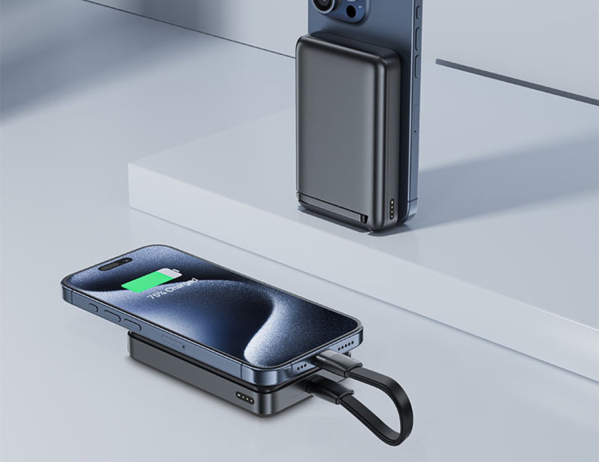 Phone with a power bank and wireless charger on a light gray background