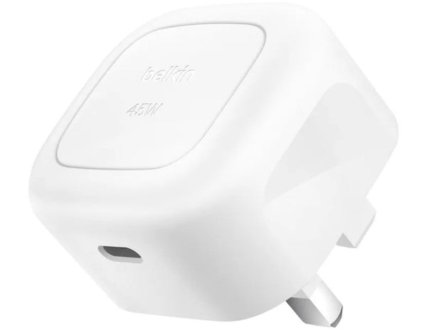 A white Belkin BoostCharge 45W Compact USB-C Wall Charger with foldable prongs and a USB-C cable.