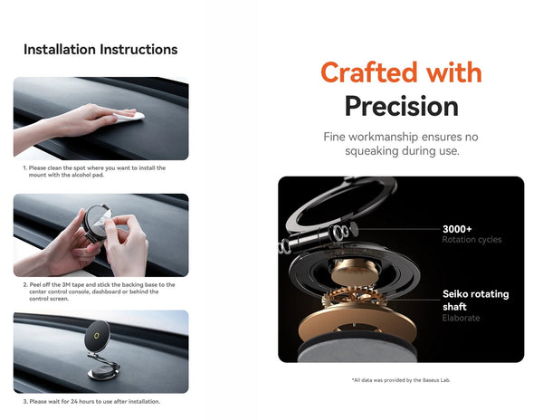 Installation instructions for a car mount with Seiko rotating shaft, featuring text and step-by-step images.