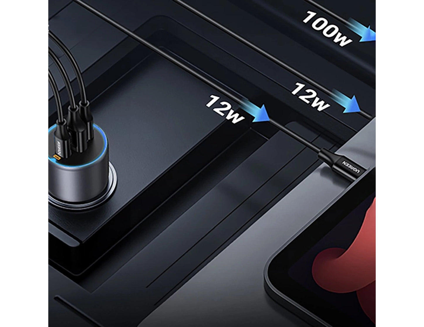 Close-up of a charging cable with power ratings indicated on a black background