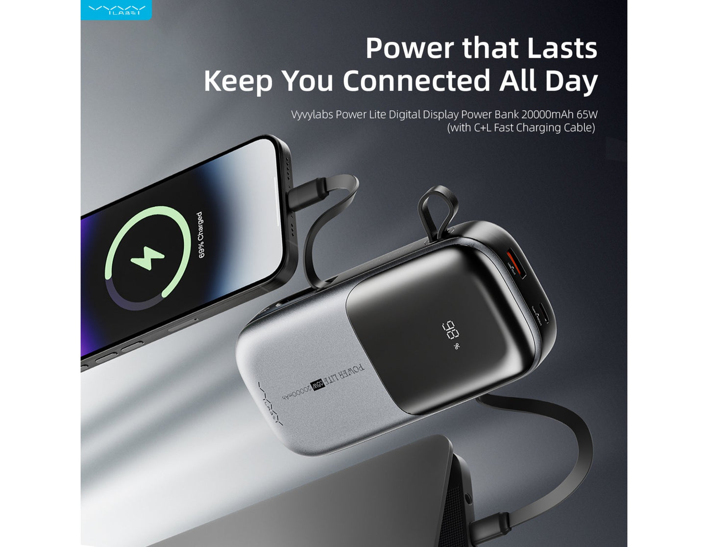 Vyvylabs Power Lite Digital Display Power Bank 20000mAh 65W with C+L Fast Charging Cable – VBQ08-TN