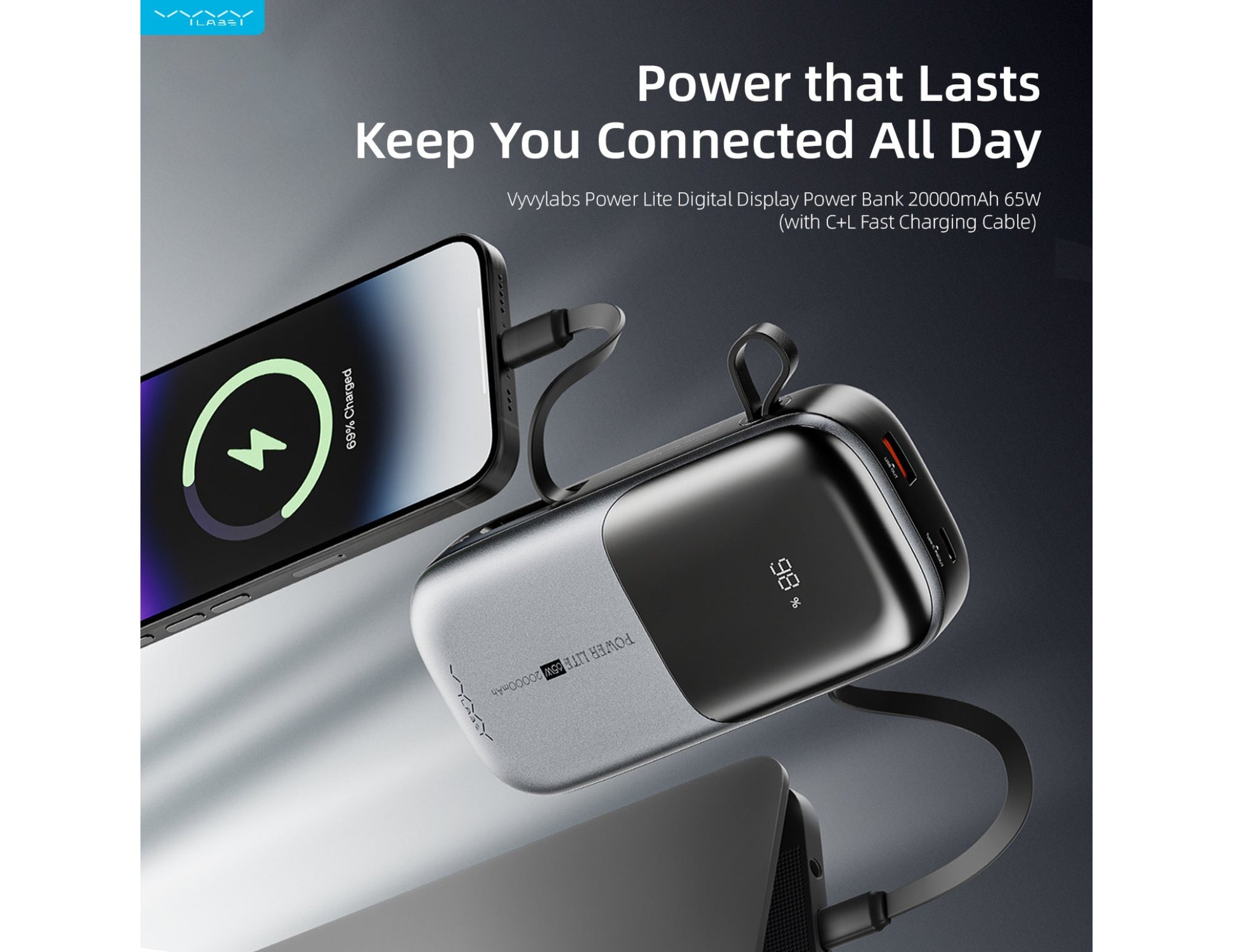 Vyvylabs Power Lite Digital Display Power Bank 20000mAh 65W with C+L Fast Charging Cable – VBQ08-TN