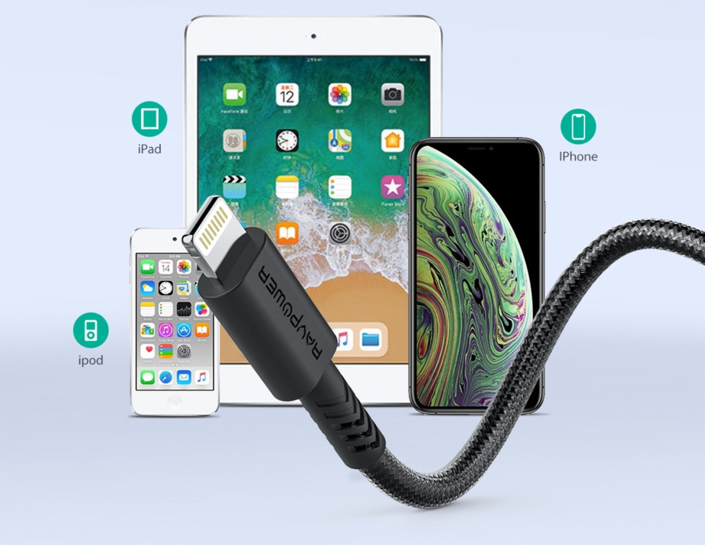 كابل RAVPower RP-CB042 Lightning بطول 2 متر - مضفر بخيوط النايلون، شحن سريع