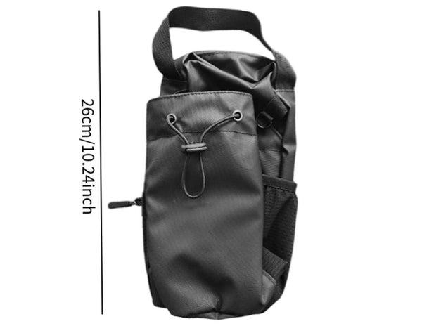 Black pouch with drawstring and measurements on a white background