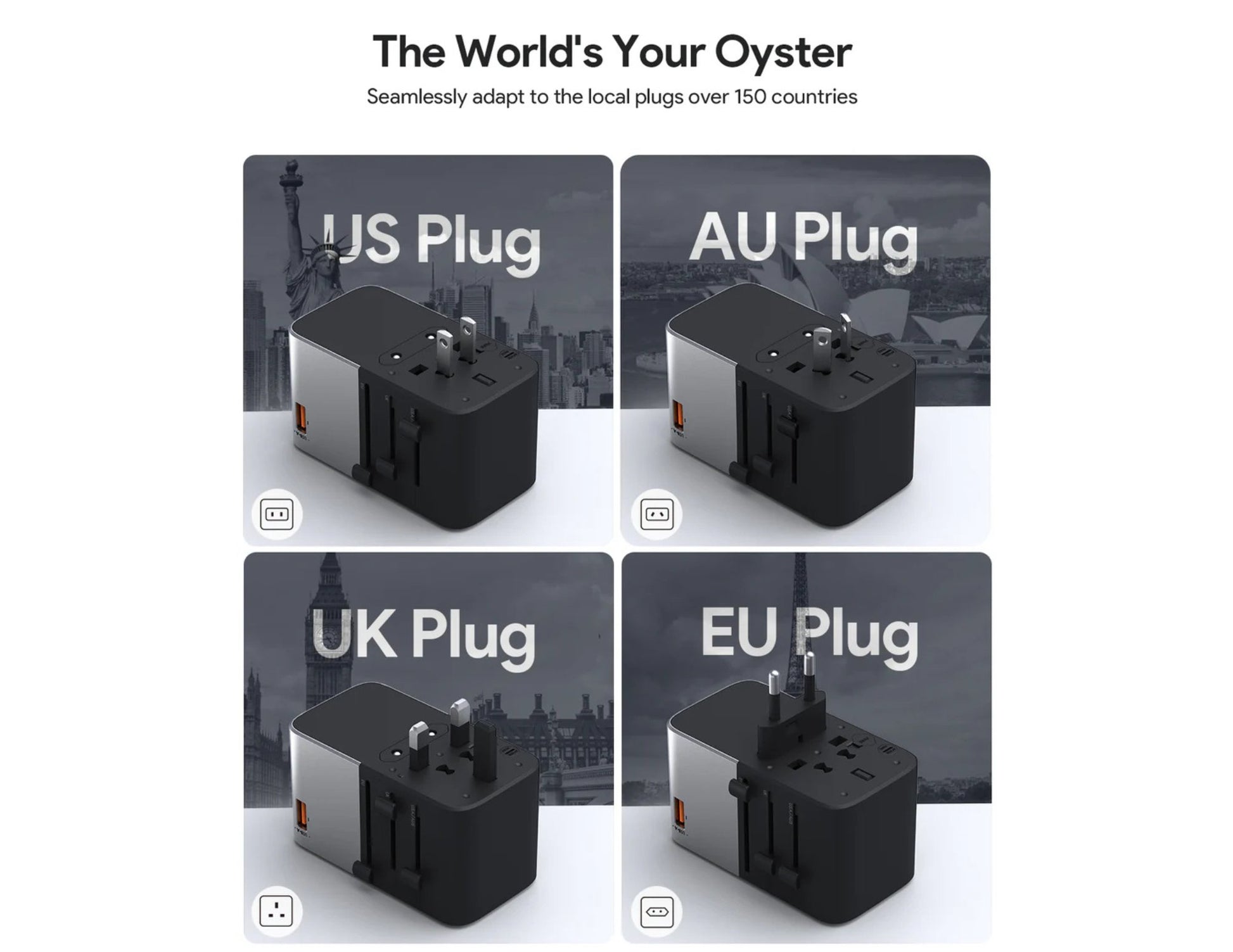 AUKEY Travel Mate PA-TA09A 100W GaN Universal Adapter with USB Ports – Gray