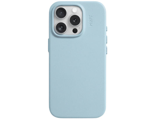 Light blue phone case with 'Moft' branding on a white background