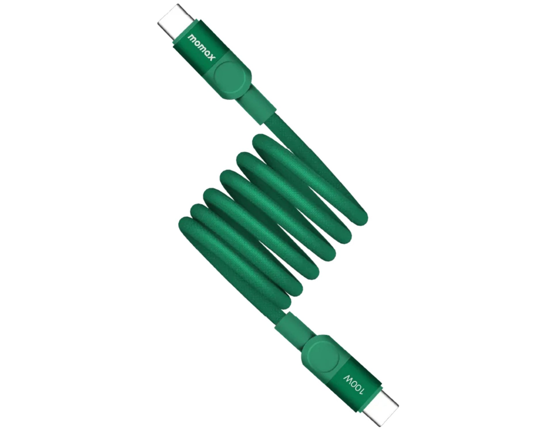 Green coiled cable with 'Momax' branding on a white background