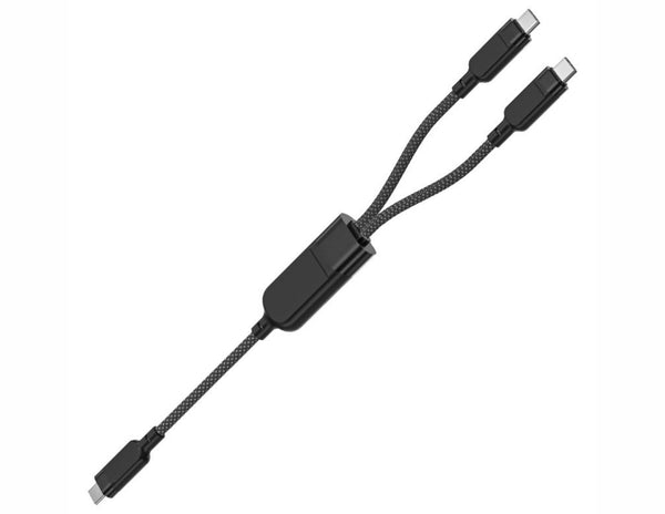 Black multi-port adapter cable on a white background