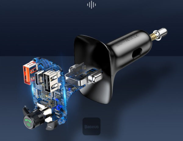 Car charger with detailed internal components on a dark background
