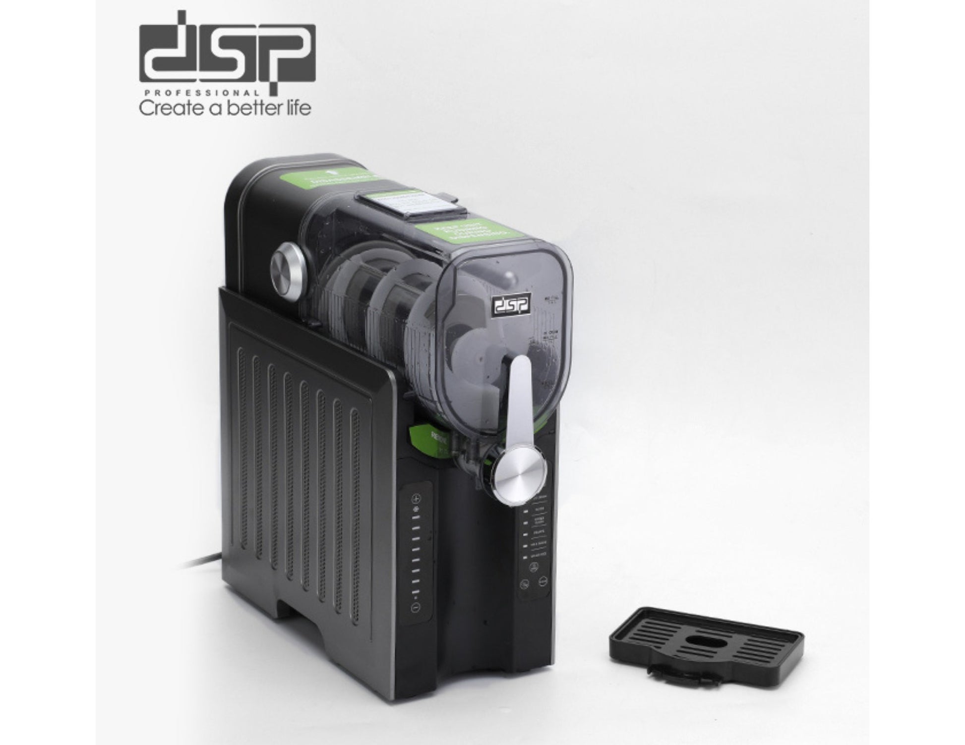 Black DSP Slushie & Frozen Drink Maker – KJ3085 with a control panel on a white background, featuring the DSP logo.