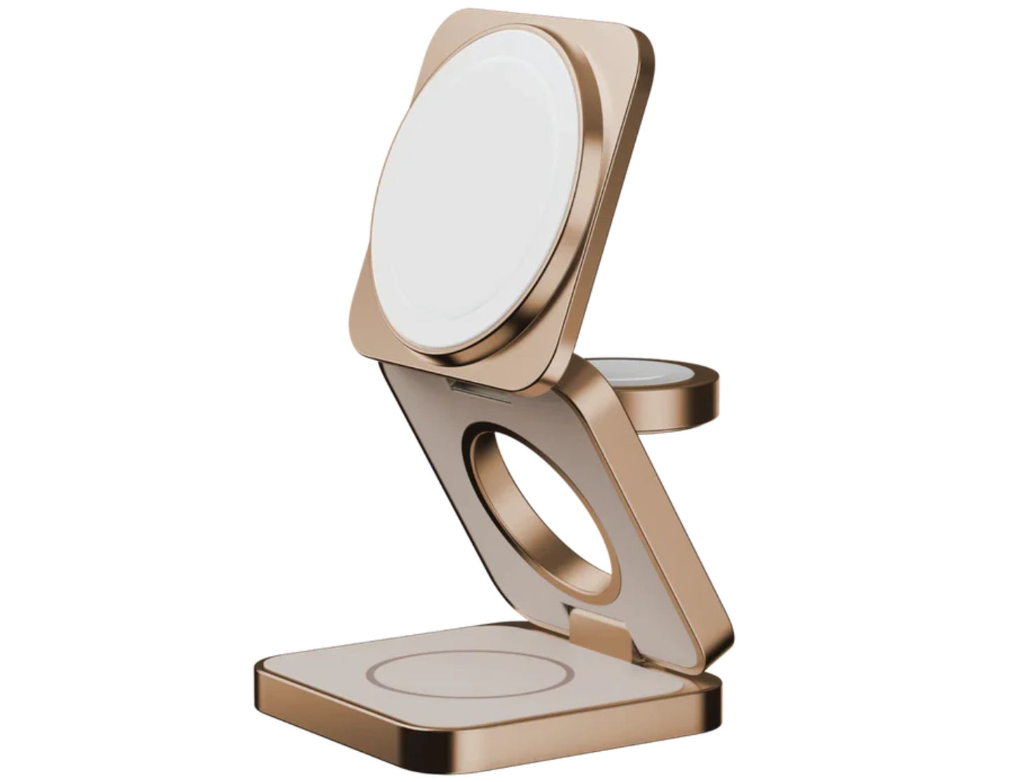 Gold ring stand with white circular platform on a white background