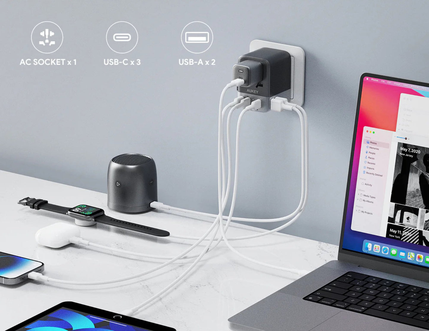 Aukey Travel Mate 35W GaN Universal Adapter with USB Ports PA-TA07A Gray