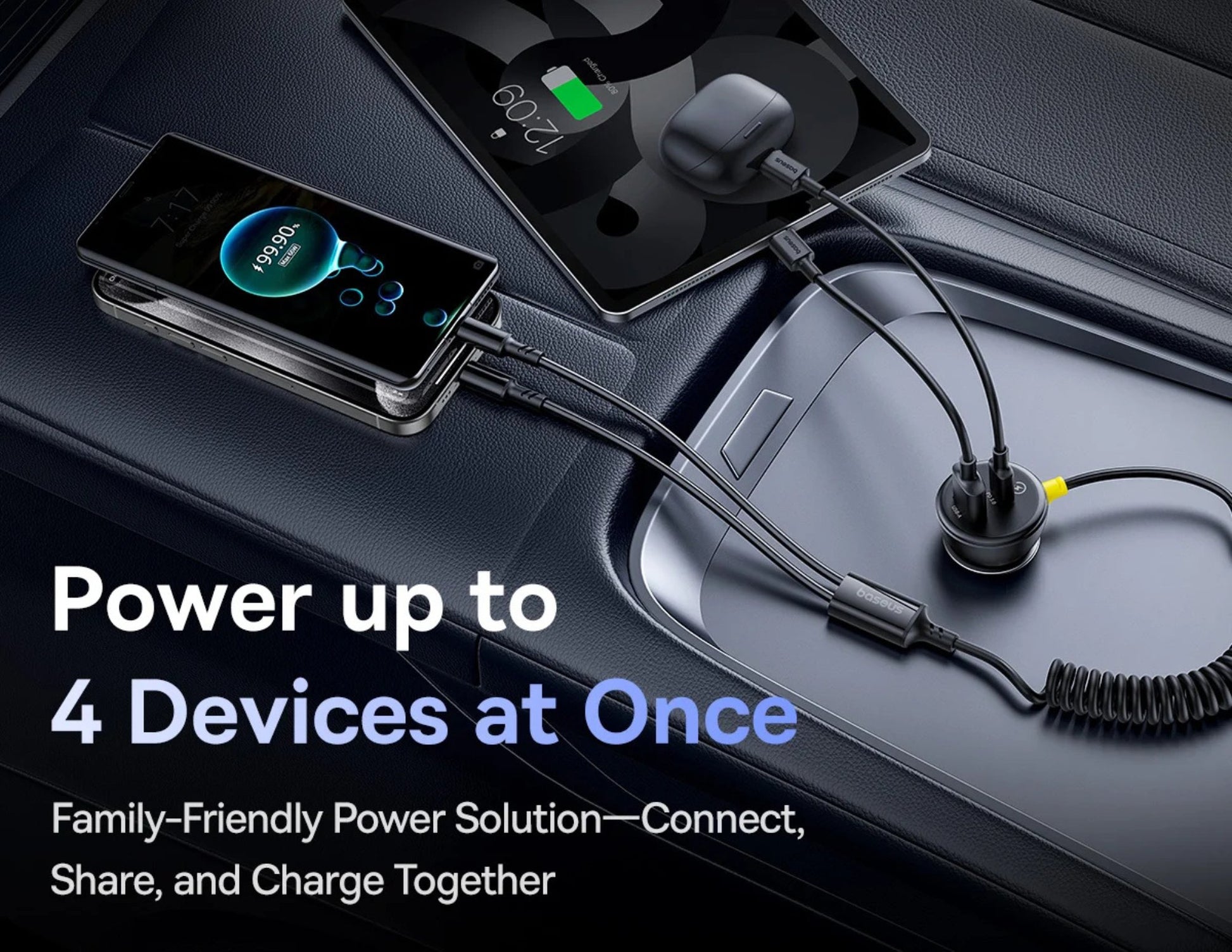Multiple devices being charged simultaneously with text highlighting the capability to power up to 4 devices at once.