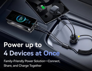 Multiple devices being charged simultaneously with text highlighting the capability to power up to 4 devices at once.