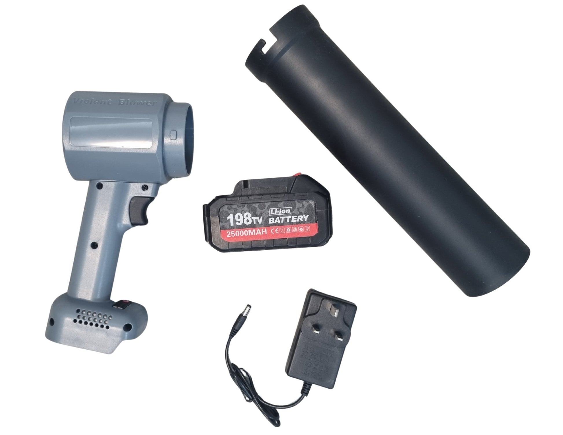 BL Motor Violent Blower Super Turbo Fan with battery pack, charger, and cable on a white background