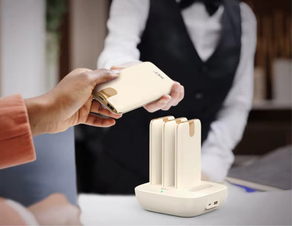 Person using a wst power bank to charge a device on a charging station.