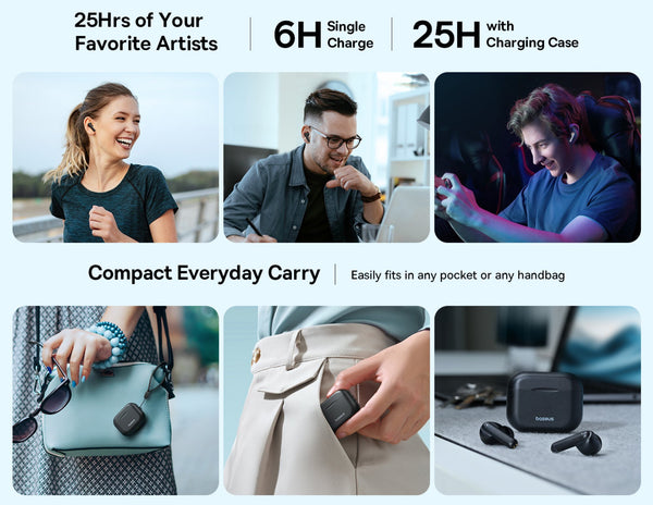 Product advertisement for wireless earbuds with usage scenarios and features.