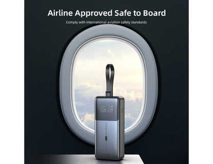 Vyvylabs Power Cube Pro Digital Display Power Bank 20000mAh 100W with Type-C Fast Charging Cable – VBQ10-TN Portable safe with airplane window in the background, labeled 'Airline Approved Safe to Board'.