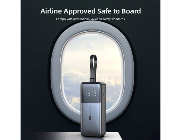 Vyvylabs Power Cube Pro Digital Display Power Bank 20000mAh 100W with Type-C Fast Charging Cable – VBQ10-TN Portable safe with airplane window in the background, labeled 'Airline Approved Safe to Board'.
