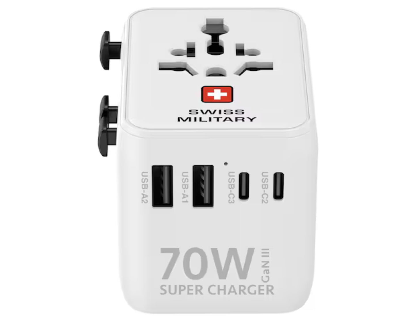 White Swiss Military 70W GaN III Travel Charger with 3 USB-C PD & 2 USB-A Ports + 1M USB-C Cable – SM-TC-70W-GaN-MINI-WLD-WHI featuring 'Swiss Military' branding.