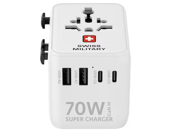 White Swiss Military 70W GaN III Travel Charger with 3 USB-C PD & 2 USB-A Ports + 1M USB-C Cable – SM-TC-70W-GaN-MINI-WLD-WHI featuring 'Swiss Military' branding.