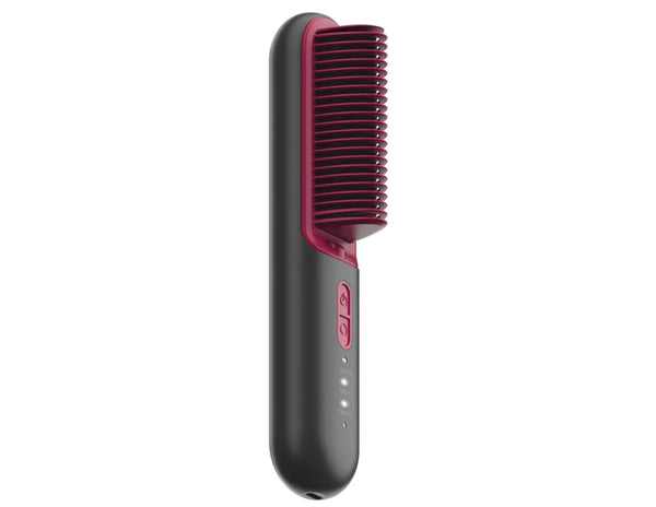Hair straightening brush with red bristle head and black handle on a white background