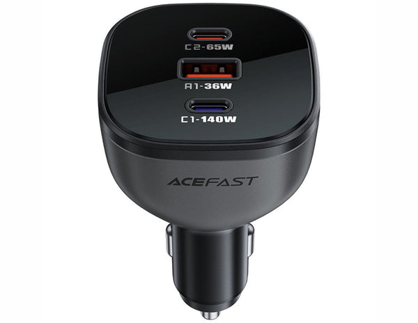 Black car charger with multiple ports on a white background