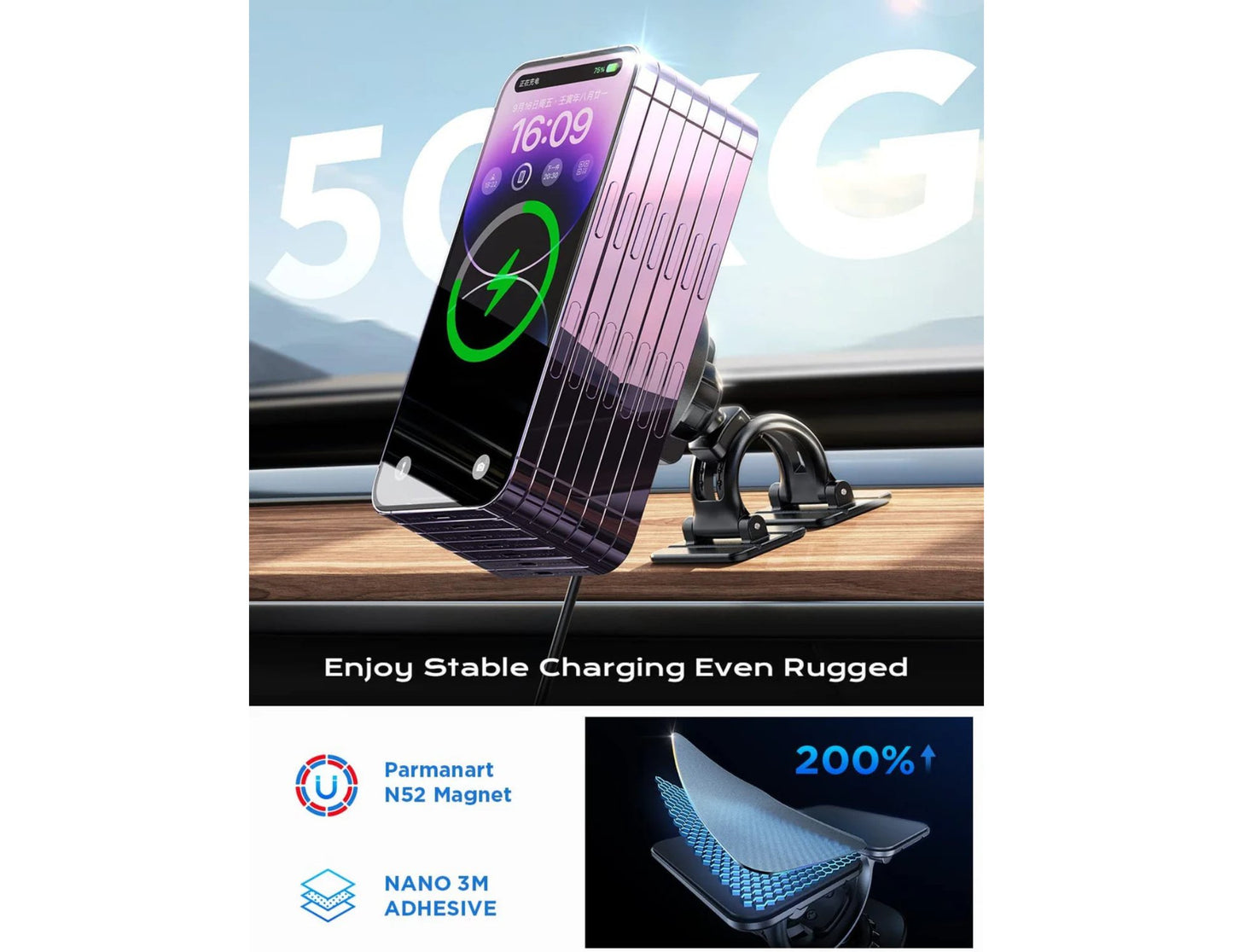 Phone with a LISEN 15W MagSafe Car Magnetic Wireless Charging Stand with Dashboard & Vent Mount on a car dashboard, featuring text about stable charging and adhesive technology.