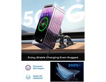 Phone with a LISEN 15W MagSafe Car Magnetic Wireless Charging Stand with Dashboard & Vent Mount on a car dashboard, featuring text about stable charging and adhesive technology.