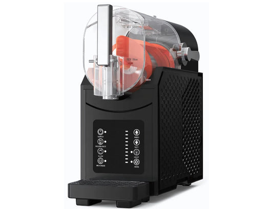 Black slush machine with a clear container on a white background