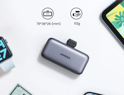 UGREEN Nexode 5000mAh 20W Power Bank with Built-in USB-C Connector – PB503 on a white background with product dimensions and weight displayed.