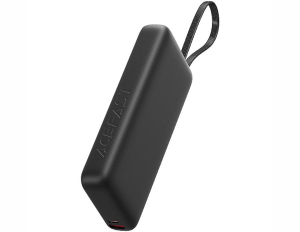 Black portable charger with a strap on a white background