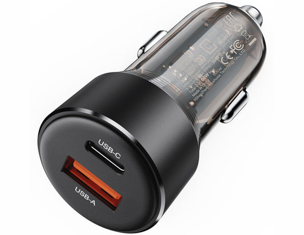 Black car charger with USB-C and USB-A ports on a white background