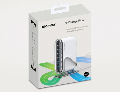 شاحن Momax 1-Charge Flow+ 6-Port GaN لسطح المكتب بقوة 120 وات ومنفذ USB-C وUSB-A