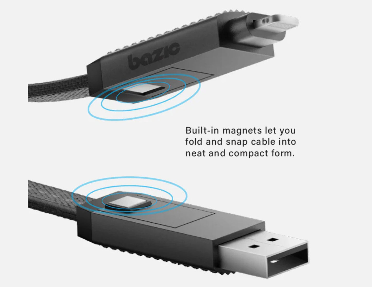 Bozic cable with built-in magnets for compact form on a white background