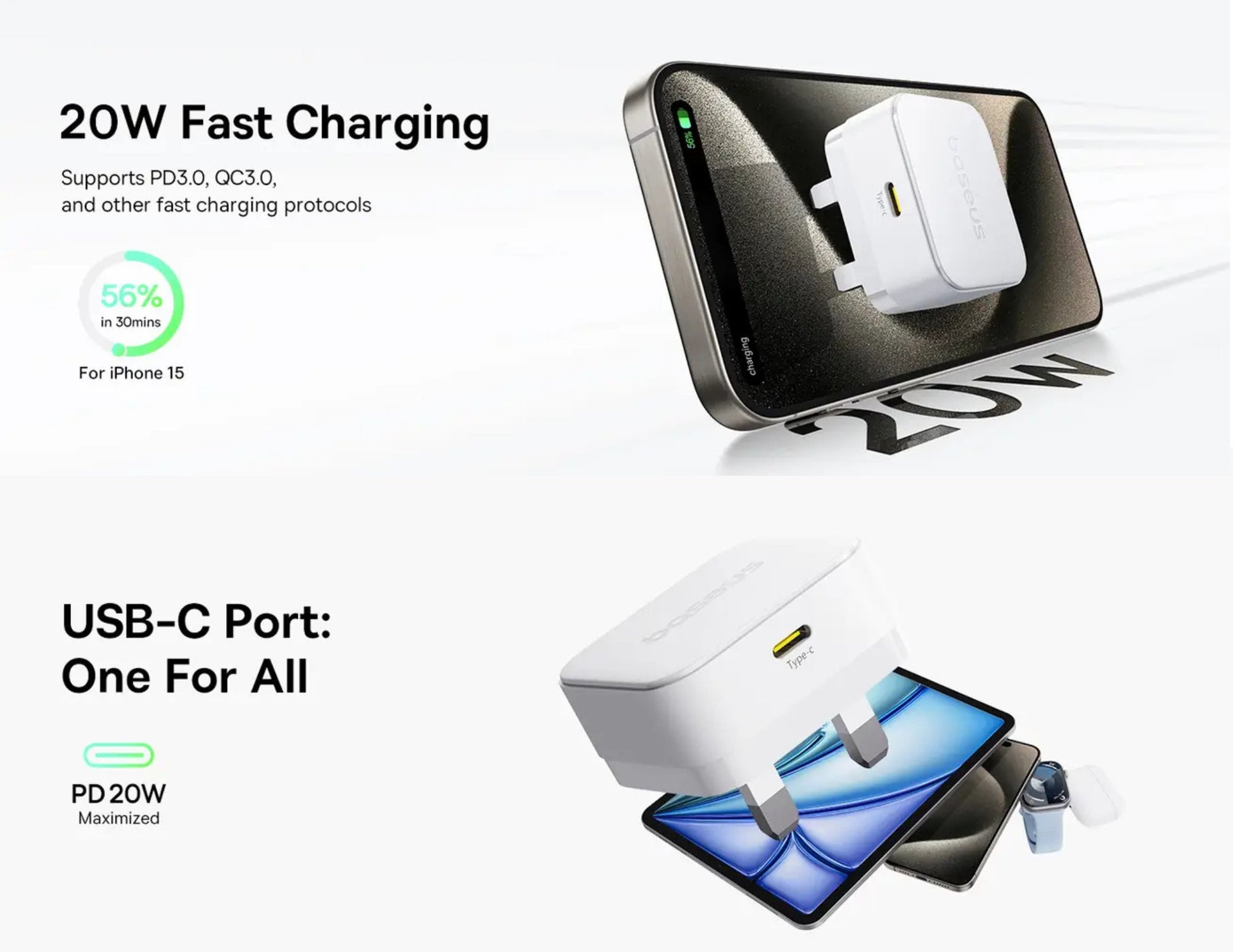 20W fast charging adapter with USB-C port on a white background