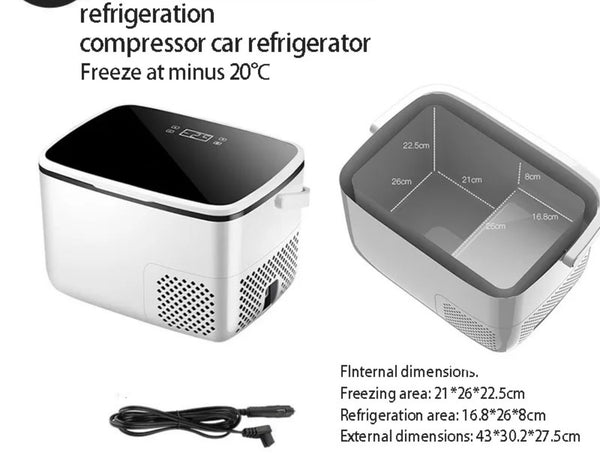 Car refrigerator with dimensions and features on a white background